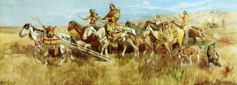 Les femmes indiennes déplacent le camp 1896 Charles Marion Russell Les Indiens d’Amérique Peintures à l'huile